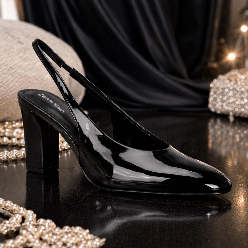 NEW Calvin Klein Women's Raline Square Toe Slingback Pumps Black Patent Size 9